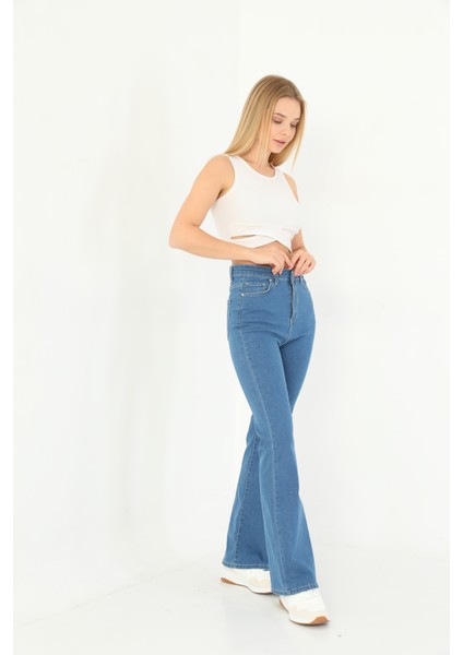 Kadın Mavi Yüksek Bel Esnek Ispanyol Paça Jeans indirimleri