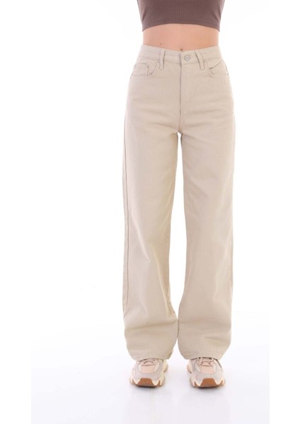 Kadın Bej Geniş Paça Palazzo Yüksek Bel Pantolon Günlük Kullanım İçin Rahat