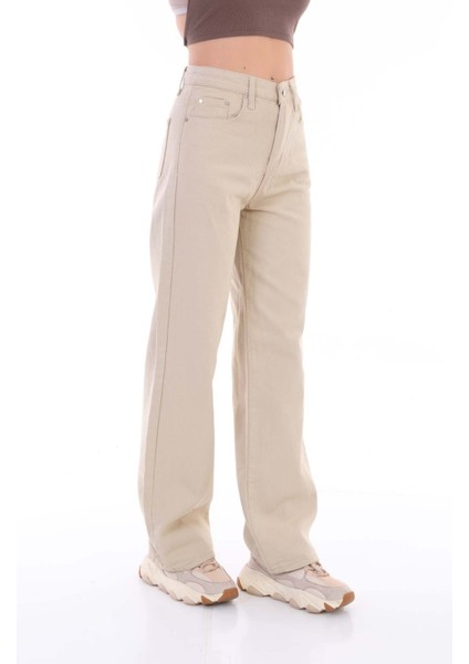 Kadın Bej Geniş Paça Palazzo Yüksek Bel Pantolon Günlük Kullanım İçin Rahat fiyatları