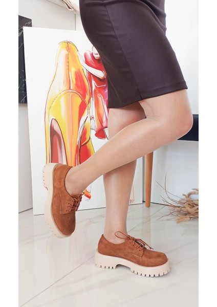 Taba Renk Süet Bağcıklı Kalın Taban Kadın Loafer Ayakkabı fiyatları