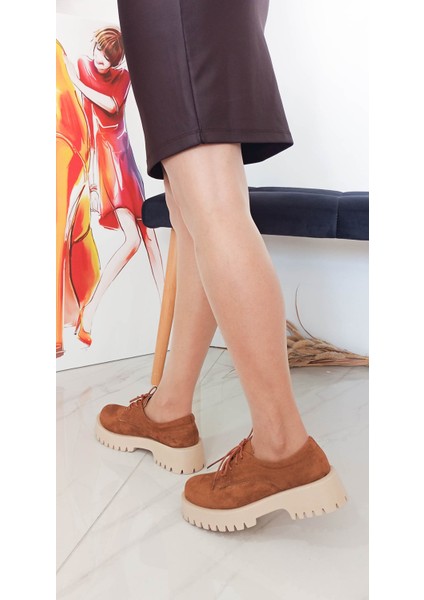 Taba Renk Süet Bağcıklı Kalın Taban Kadın Loafer Ayakkabı modelleri