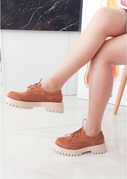 Taba Renk Süet Bağcıklı Kalın Taban Kadın Loafer Ayakkabı fırsatları