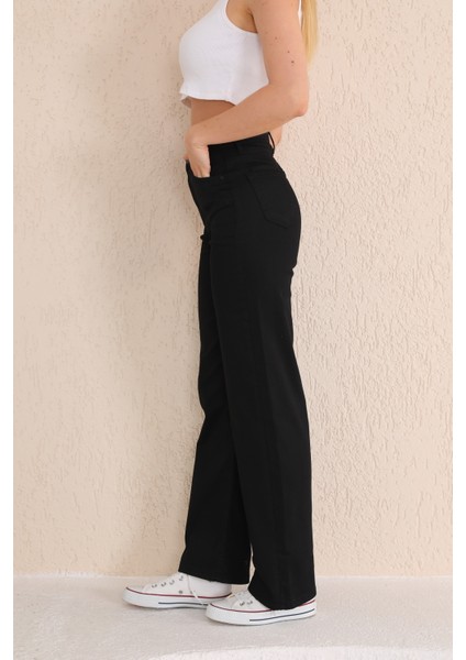 Kadın Siyah Yüksek Bel Likralı Esnek Geniş Paça Palazzo Pantolon fiyatları