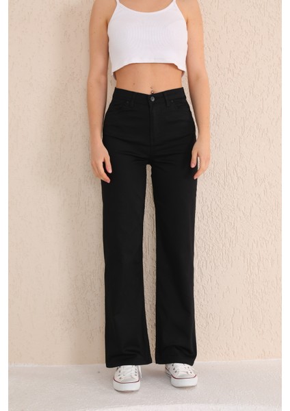 Kadın Siyah Yüksek Bel Likralı Esnek Geniş Paça Palazzo Pantolon modelleri