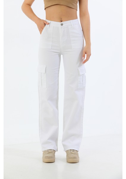 Beyaz Kargo Cepli Likralı Yüksek Bel Wide Leg Pantolon fiyatları