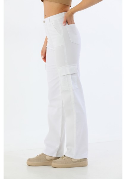 Beyaz Kargo Cepli Likralı Yüksek Bel Wide Leg Pantolon modelleri