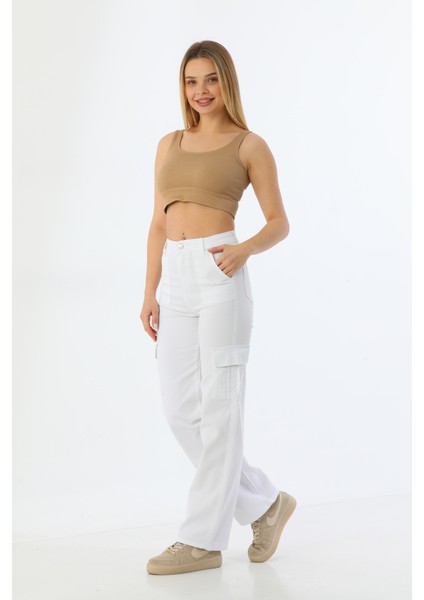 Beyaz Kargo Cepli Likralı Yüksek Bel Wide Leg Pantolon indirimleri
