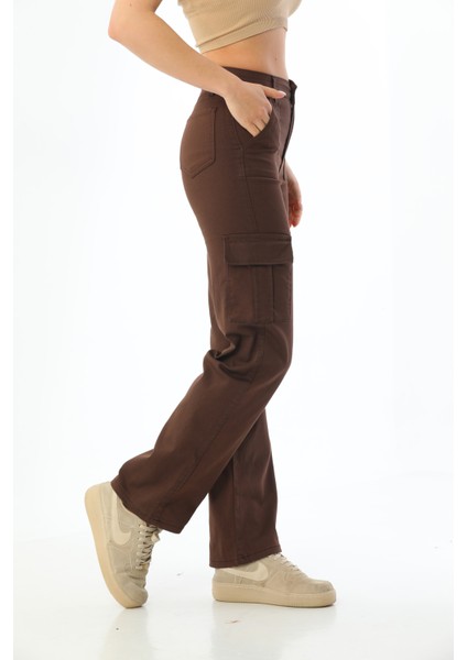 Kahve Kargo Cepli Likralı Yüksek Bel Wide Leg Pantolon