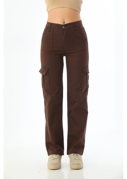 Kahve Kargo Cepli Likralı Yüksek Bel Wide Leg Pantolon fiyatları
