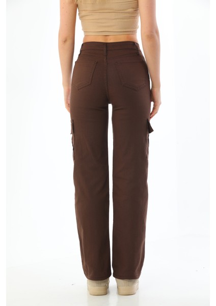Kahve Kargo Cepli Likralı Yüksek Bel Wide Leg Pantolon modelleri