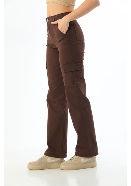 Kahve Kargo Cepli Likralı Yüksek Bel Wide Leg Pantolon indirimleri