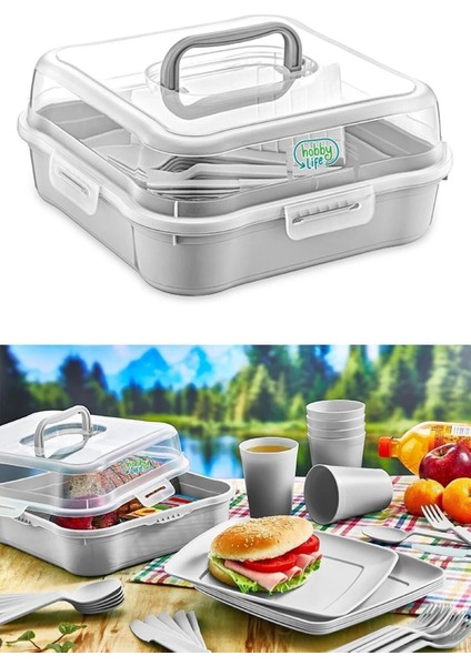 32 Parça 6 Kişilik Çantalı Piknik Seti Gri