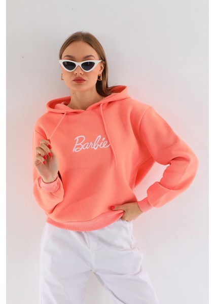 Oversize Barbie Baskılı Kapüşonlu Kalın Pamuklu Sweatshirt
