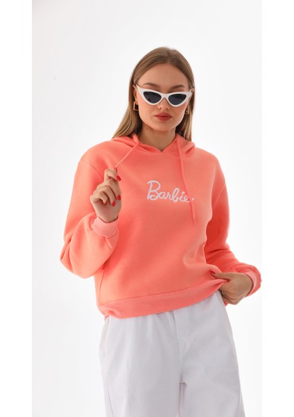 Oversize Barbie Baskılı Kapüşonlu Kalın Pamuklu Sweatshirt modelleri