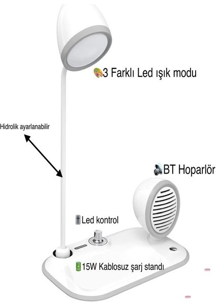 Çelik Work 15W Wireless Kablosuz Şarj Standı, 3in1 Ayarlanabilir Masa Lambalı, Bluetooth Hoparlör Tasarımlı