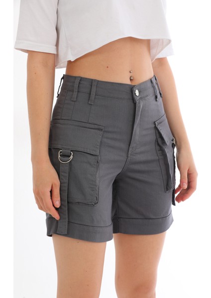 Bej Kargo Cepli Yüksek Bel Esnek Denim Şort