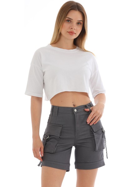 Bej Kargo Cepli Yüksek Bel Esnek Denim Şort indirimleri