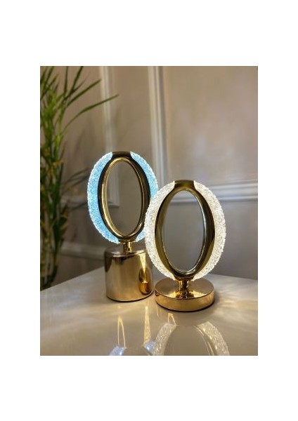 Dekoratif Kristal Şarjlı Oval Masa Lambası, Gold LED Abajur, Dokunmatik 3 Renk Modu