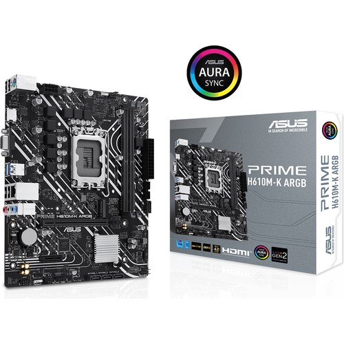 ASUS PRIME H610M-K ARGB Intel H610 DDR5 5600 HDMI VGA M2 USB3.2 AURA RGB 96GB’a kadar ram desteği, ASUS 5X PROTECTION III LGA1700 mATX Anakart