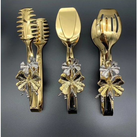 Fiyakalı Ürünler Kelebek Aksesuarlı Gold Metal Salata, Makarna, Pasta Servis , Sunum , Yemek , Maşası 3'lü Set