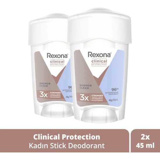Rexona Clinical Protection Kadın Stick Deodorant Shower Clean 96 Saate Kadar Koruma 45 Ml X2 Adet