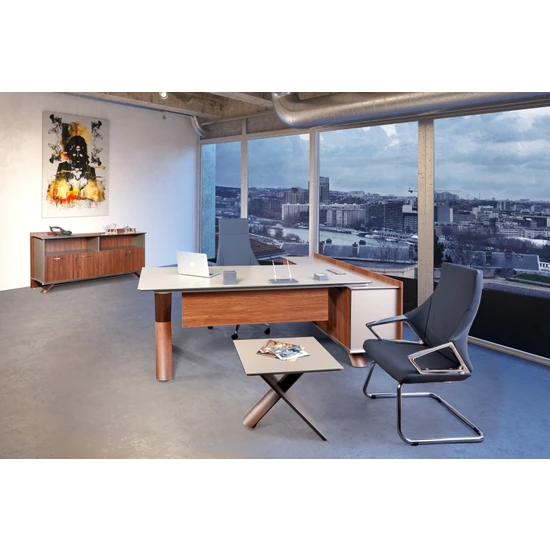 Çağın Ofis Mobilyaları Wıno 220 cm Tekli Sağ Etajerli Yönetici Çalışma Ofis Masa Takım (Karamel Galaxy/milas)
