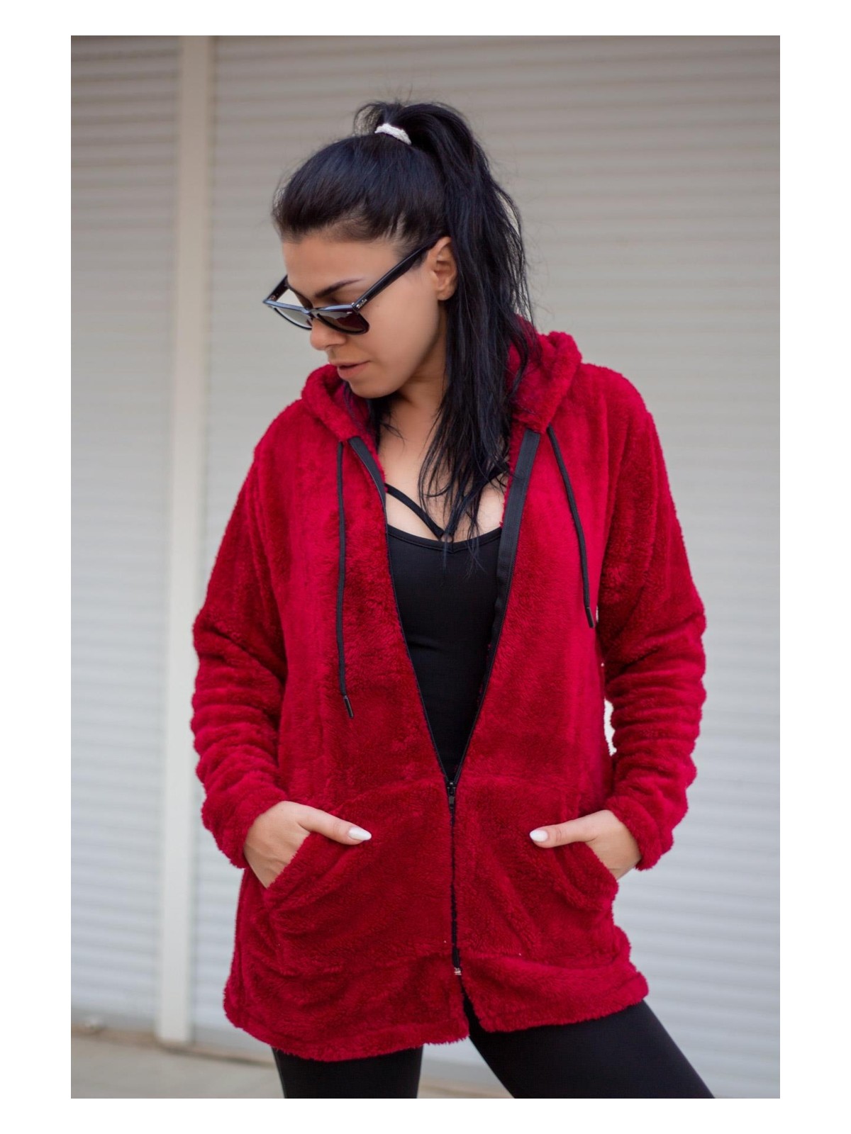 Azıcık Akıllı Kadın Saks Koyu Mavi Peluş Kalın Fermuarlı Kapüşonlu Cepli Ceket 23KCKTMY50 - Görsel 5