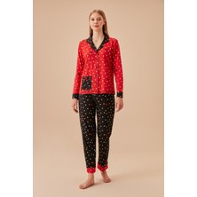 Suwen stay maskülen pijama takımı kadınlar için kalp desenli pamuklu rahat tasarım