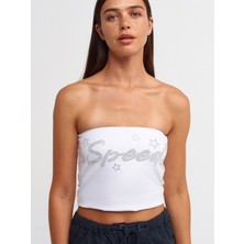 Dilvin 20668 Taş Baskılı Crop Top-Beyaz