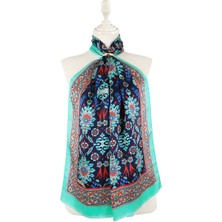 Bursa İpek Yeşil Lacivert Çini Lale Ipek Fular