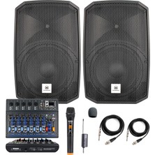 Maxword Maxi-12A-MİXER Set 2 Adet 12 İNÇ Aktif Hoparlör Mikser ve Mikrofon Ses Sistemi (1200W + 1200W)