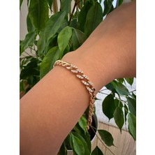 Ni Aksesuar Kararmaz Altın Kaplama Kuyumcu Model Zincir Taşlı Gold Rose Bileklik