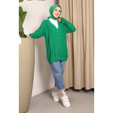 İmaj Butik Yeşil Düğmeli Selanik Örgülü Triko Hırka