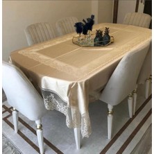 Madame Clean Çini Desenli Dertsiz Leke Tutmaz Dantelli Masa Örtüsü Sütlü Kahve 160X220 cm
