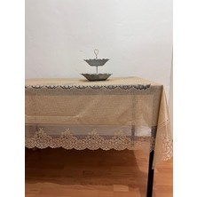 Madame Clean Çini Desenli Dertsiz Leke Tutmaz Dantelli Masa Örtüsü Sütlü Kahve 160X220 cm