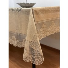 Madame Clean Çini Desenli Dertsiz Leke Tutmaz Dantelli Masa Örtüsü Sütlü Kahve 160X220 cm