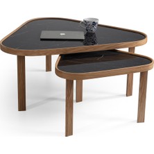 Eymense Leon Siyah Mermerli Meşe Yan Sehpalı Ikili Orta Sehpa