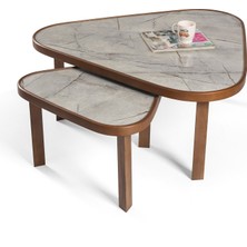 Eymense Leon Gri Mermerli Ceviz Yan Sehpalı Ikili Orta Sehpa