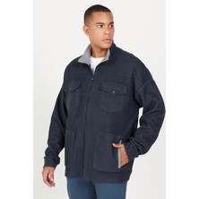 Altınyıldız Classics Erkek Indigo Melanj Oversize Bol Kesim Dik Yaka Pamuklu Desenli Sweatshirt Ceket