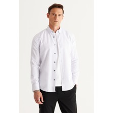Altınyıldız Classics Erkek Beyaz-Siyah Slim Fit Dar Kesim Gizli Düğme Yaka Pamuklu Baskılı Gömlek