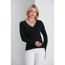 Nurneva Ince Fitilli V Yaka Düğmeli Hırka 8015 - Siyah