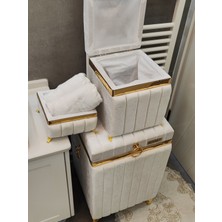 Heskar Home 3 Parça Kare Krem Renk Altın Şeritli Lüks Kadife Banyo Kirli Çamaşır Sepeti