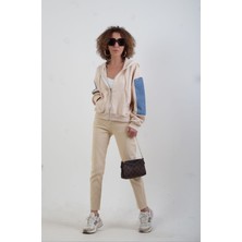 Zelish My Sister Bej Denim Detaylı Kapüşonlu Fermuarlı Sweat