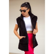 Azıcık Akıllı Kadın Siyah Peluş Welsoft Kalın Fermuarlı Hakim Yaka Yelek 23KYLKMY10