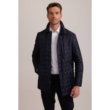 Ysf Erkek Lacivert Regular Fit Kare Desenli Yakalı Kaban