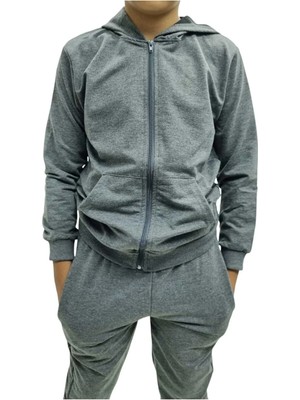 Tezzgelsin Çocuk Fermuarlı Kapüşonlu Diz Yapmaz Likralı Pamuklu Eşofman Takımı