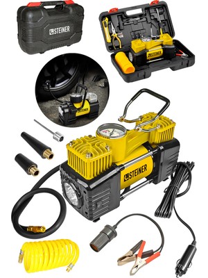 Steiner Alman Profesyonel 12V Çift Pistonlu 150 Psi Işıklı Araç Araba Lastik Bot Şişirme Kompresörü Full Set