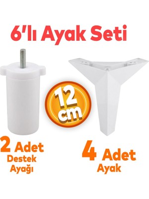 Badem10 Kale 6'lı Set Mobilya Tv Ünitesi Koltuk Kanepe Destek Ayağı 12 Cm Beyaz Baza Ayakları M8 Civatalı