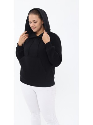 Piano Luce  Kadın Büyük Beden Cepli Kapşonlu Sweatshirt Siyah PLWM23SWT01