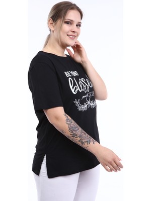 Piano Luce  Kadın Büyük Beden Baskılı Yarım Kol T-Shirt Siyah PLWM21TS007